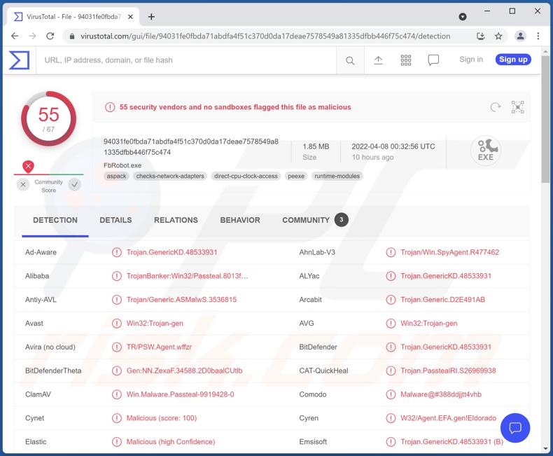 Wykrycia malware FFDroider na VirusTotal