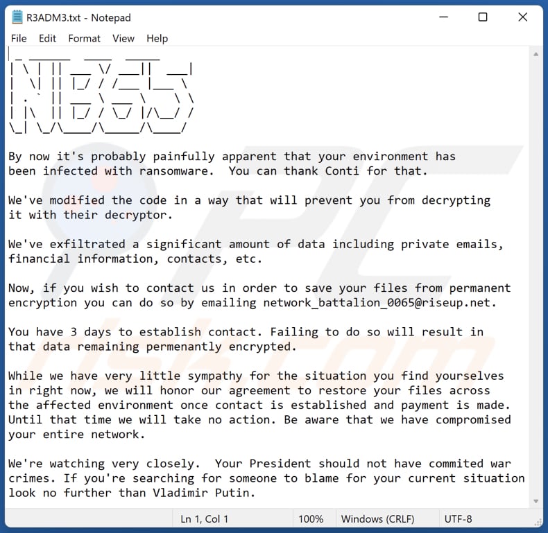 Plik tekstowy ransomware NB65 (R3ADM3.txt)