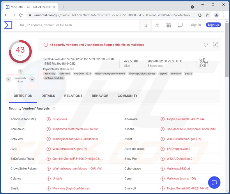 Wykrycia malware złodziej Prynt na VirusTotal