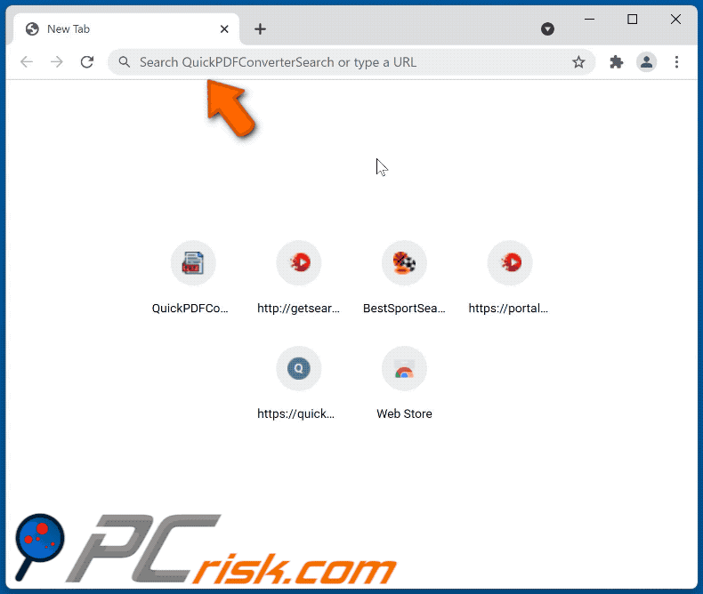 Porywacz przeglądarki QuickPDFConverterSearch przekierowujący do nearbyme.io (GIF)