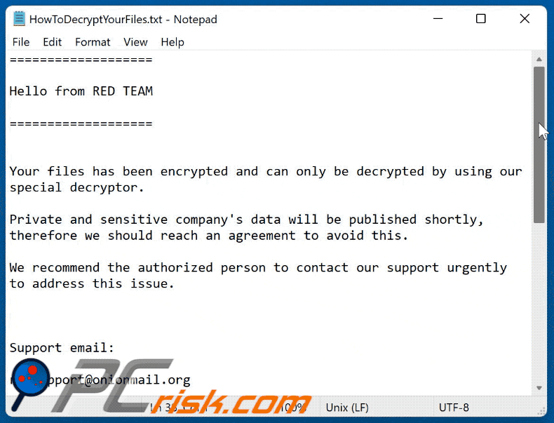 Notatka z żądaniem okupu ransomware RED TEAM: HowToDecryptYourFiles.txt gif