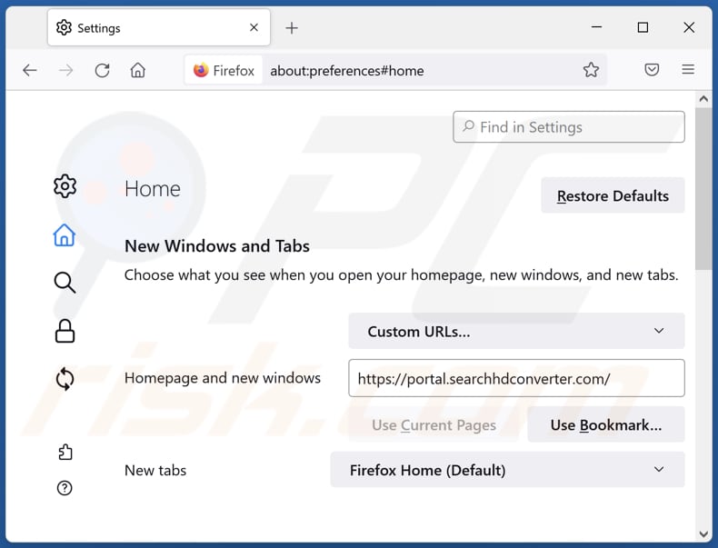 Usuwanie searchhdconverter.com ze strony domowej Mozilla Firefox