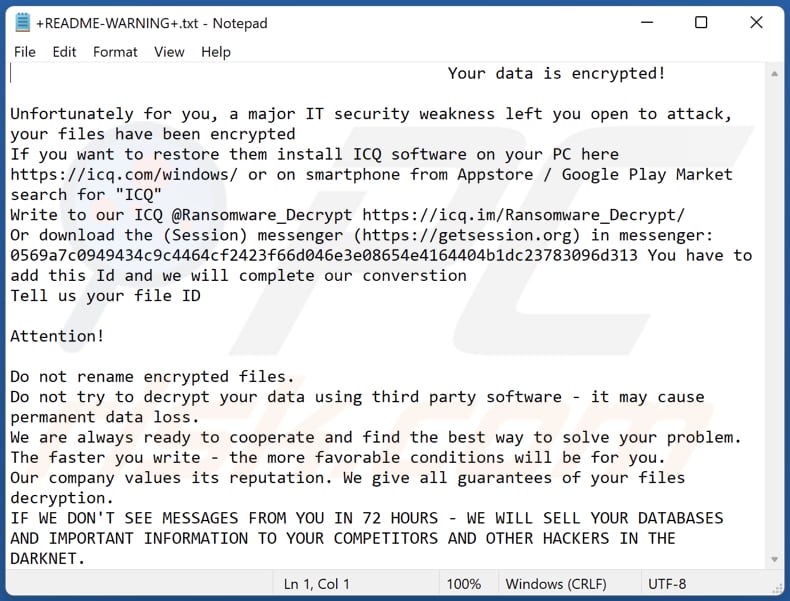 Plik tekstowy ransomware Session (+README-WARNING+.txt)
