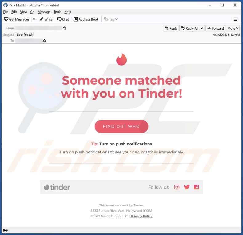 Oszustwo e-mailowe Someone matched with you on Tinder!