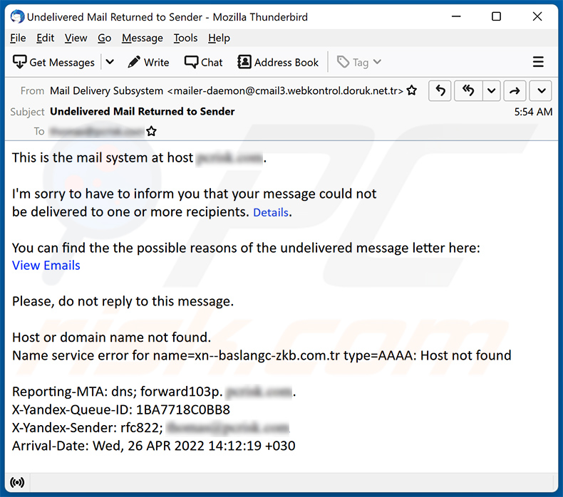 Spam o tematyce Undelivered mail (2022-04-26)