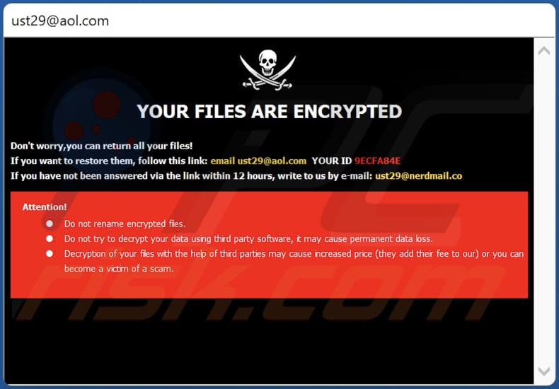 Okno pop-up z notatką z żądaniem okupu ransomware Ust29