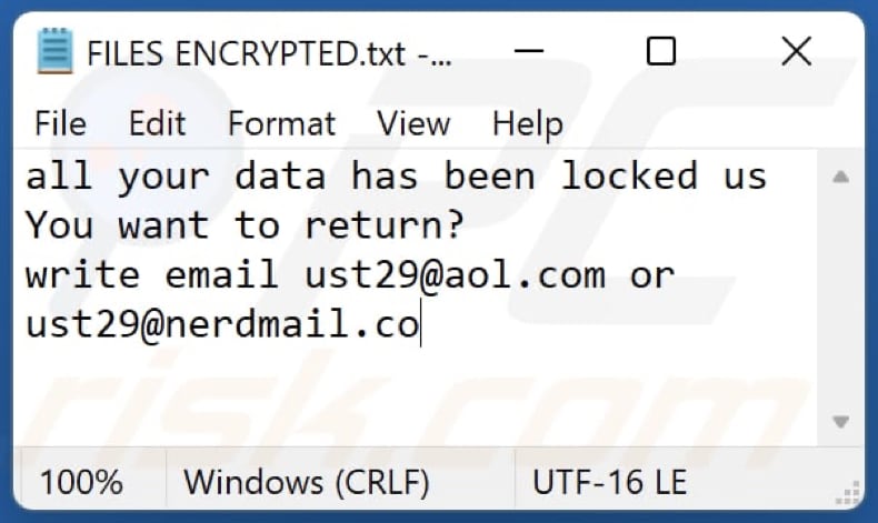 Notatka z żądaniem okupu ransomware Ust29 (FILES ENCRYPTED.txt)