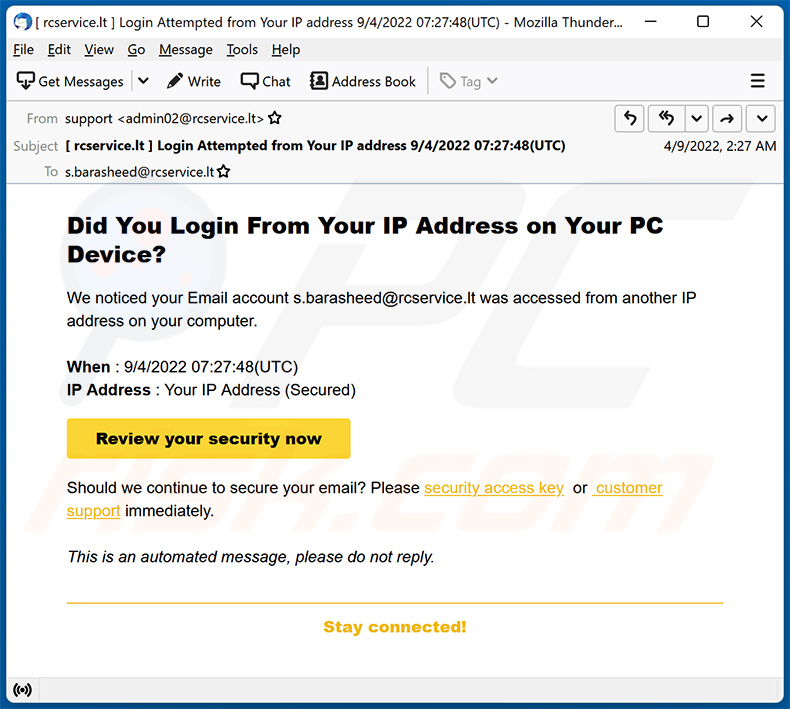 Oszustwo e-mailowe We Noticed A Login From A Device You Don't Usually Use (2022-04-13)