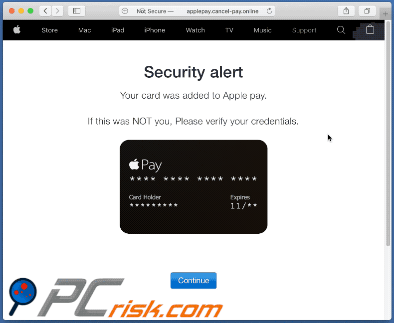 Wygląd oszustwa Your card was added to Apple pay (GIF)