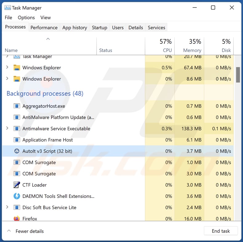 Malware clipper 3ex2bjt2aiqdjkpafeuwmbb4t6mhml384p uruchomione jako skrypt autolt v3 script w menedżerze zadań