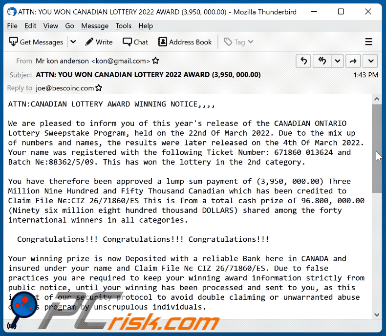 canadian lottery pojawienie się oszustwa e-mail