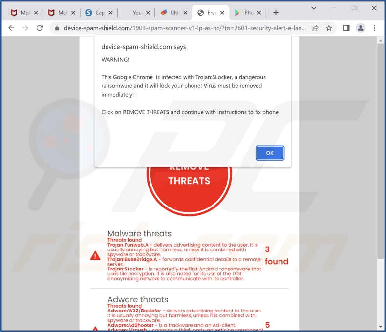 Chrome is infected with Trojan:SLocker - wyniki fałszywego skanowania i pop-up