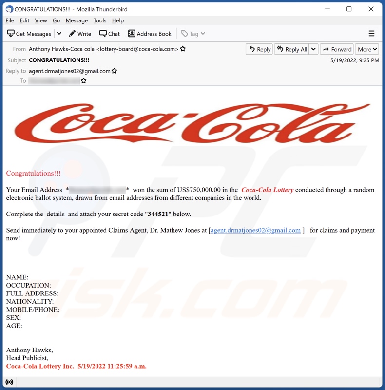 E-mailowa kampania spamowa Coca Cola Lottery