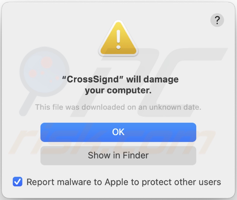 Pop-up wyświetlany po wykryciu obecności adware CrossSign