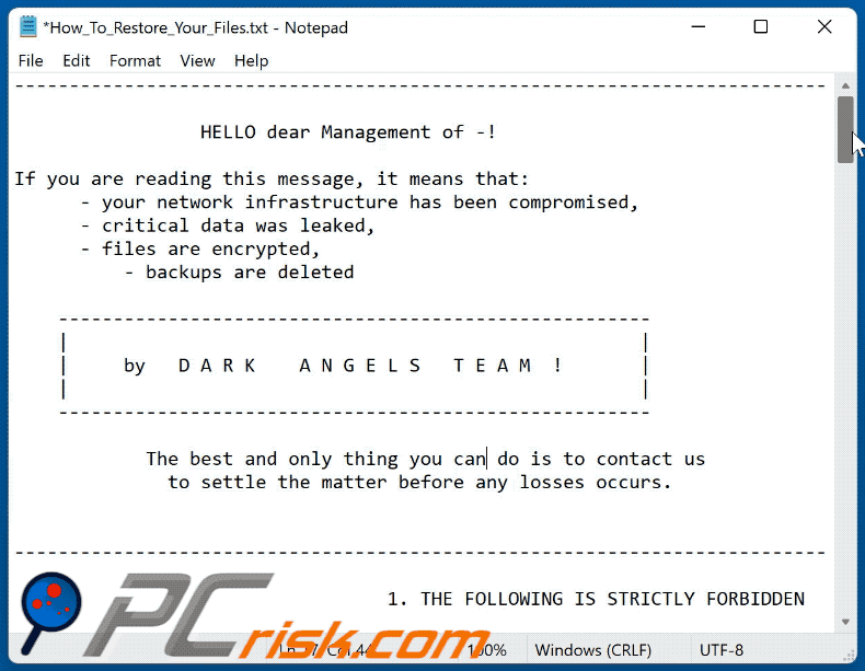 Wiadomość z żądaniem okupu ransomware Dark Angels Team (How_To_Restore_Your_Files.txt) GIF
