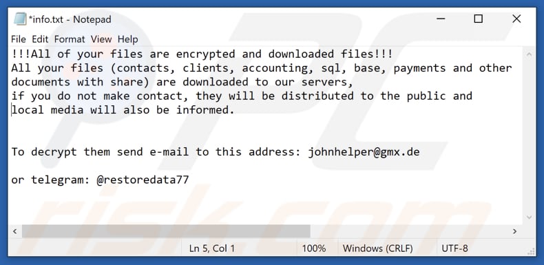Plik txt z notatką z żądaniem okupu ransomware decrypt phobos