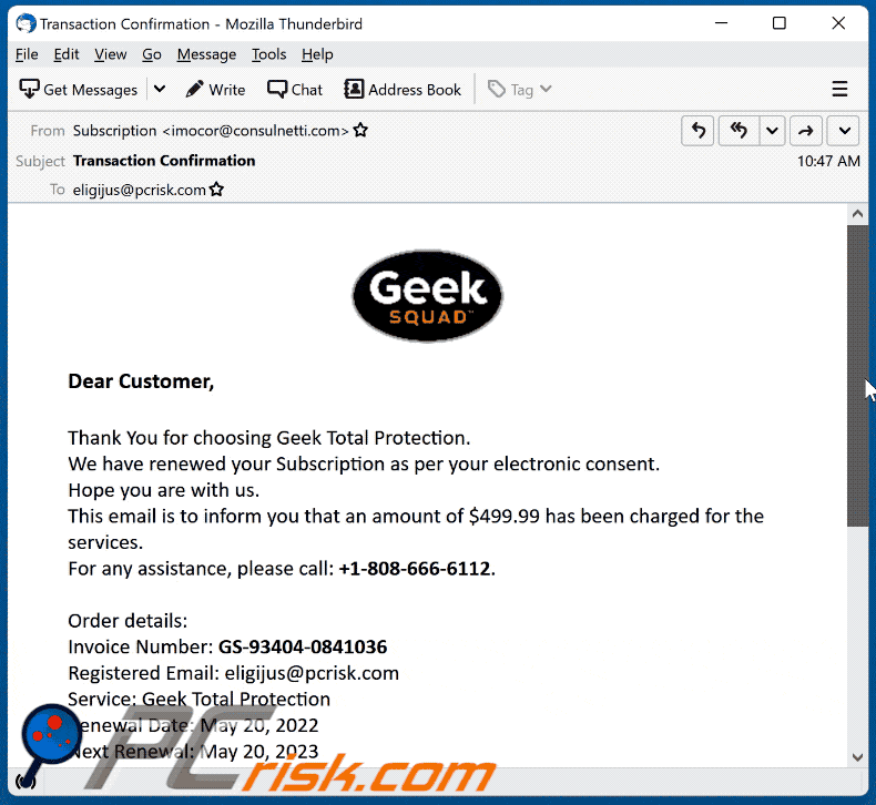Wygląd oszustwa e-mailowego geek squad