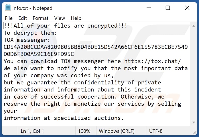 Notatlka z żądaniem okupu ransomware GUCCI - plik info.txt
