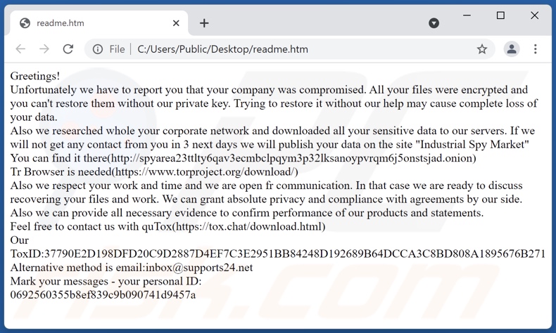 Wiadomość z żądaniem okupu ransomware Industrial Spy Market (readme.html)