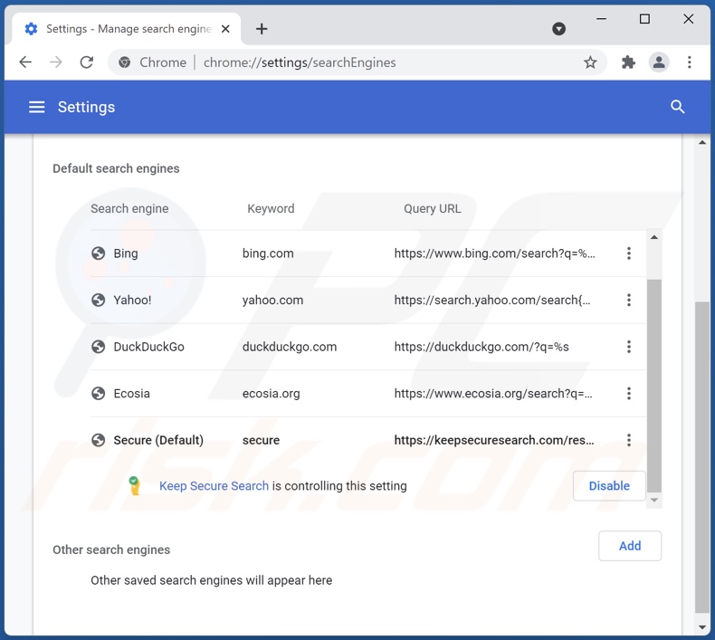 Usuwanie keepsecuresearch.com z domyślnej wyszukiwarki Google Chrome