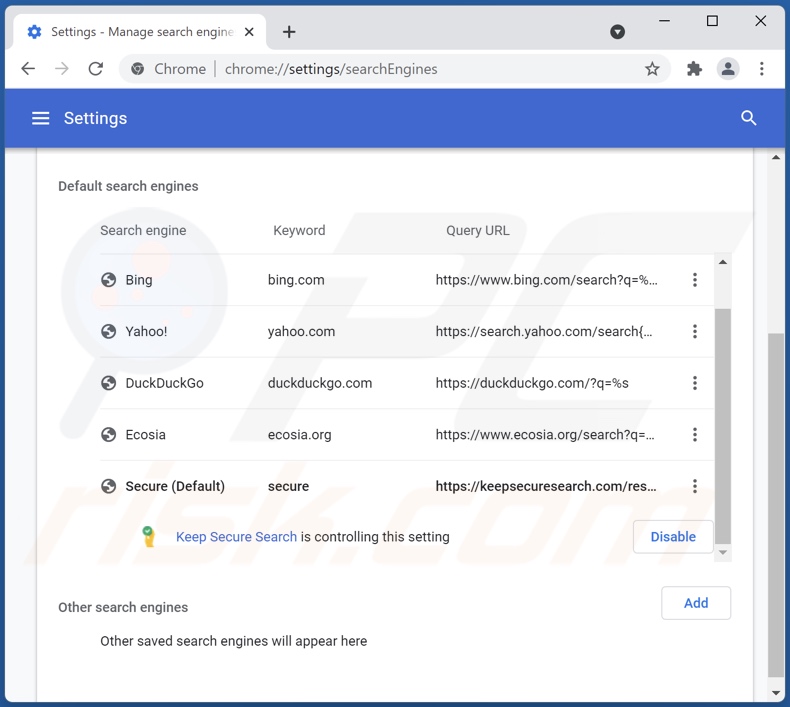Usuwanie keepsecuresearch.com z domyślnej wyszukiwarki Google Chrome