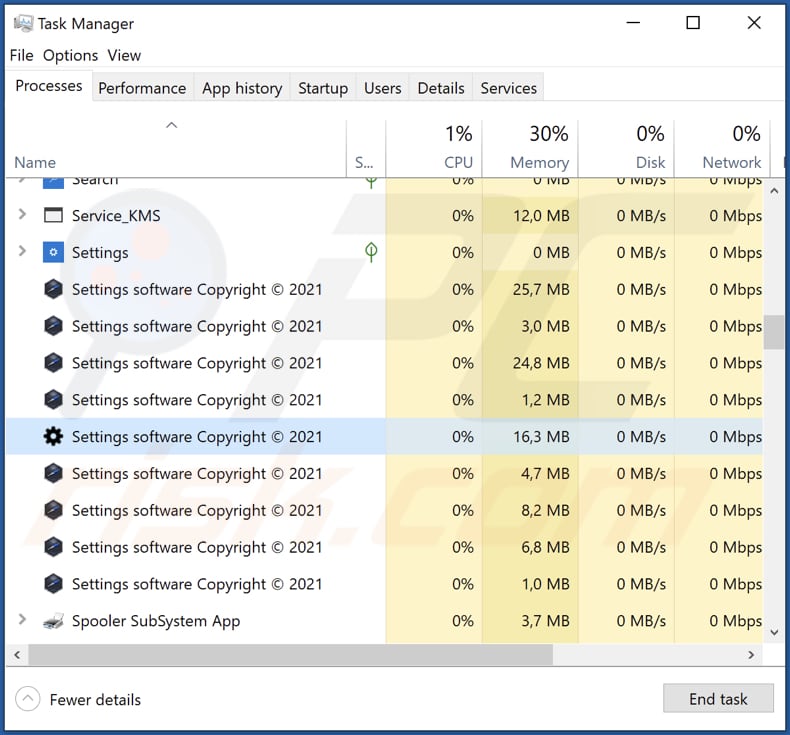 Adware settings uruchomione w menedżerze zadań jako Settings software Copyright © 2021