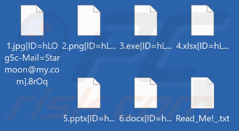 Pliki zaszyfrowane przez ransomware Starmoon (z czterema losowymi znakami jako ich rozszerzeniem)