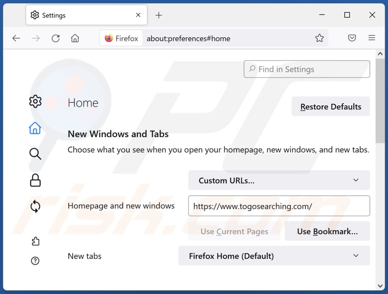 Usuwanie togosearching.com ze strony domowej Mozilla Firefox