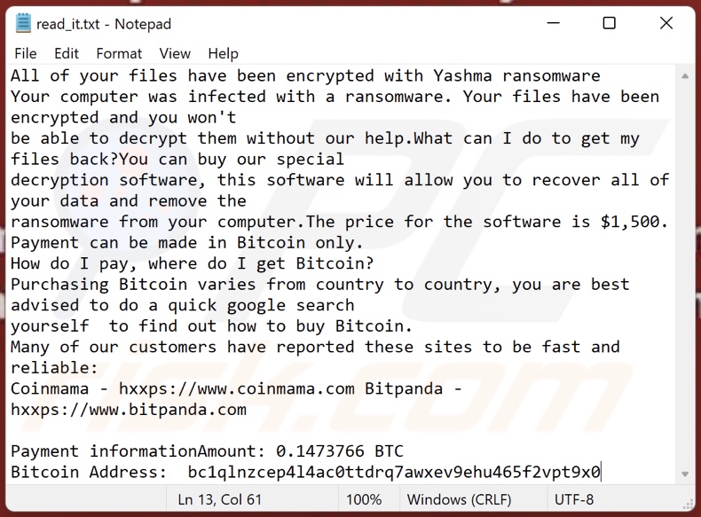 Wiadomość z żądaniem okupu ransomware Yashma (read_it.txt)