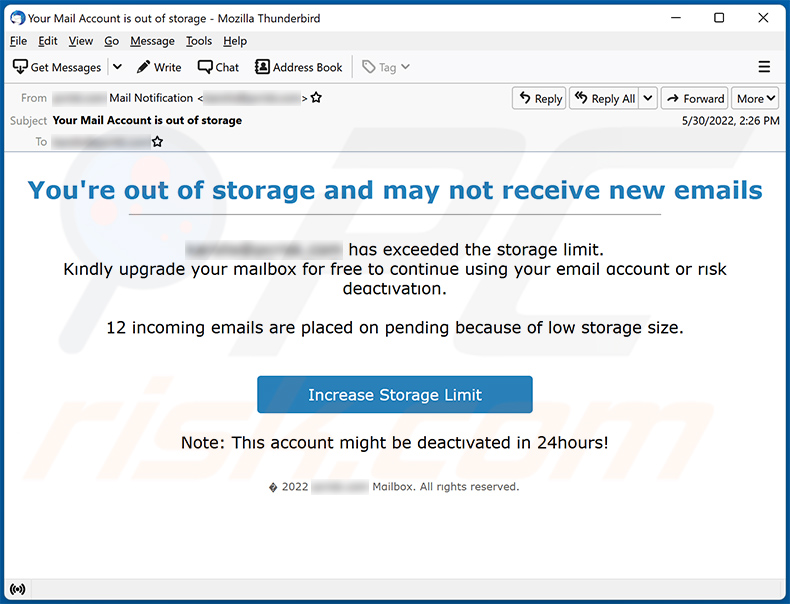 Spam You're out of storage and may not receive new emails promujący stronę phishingową