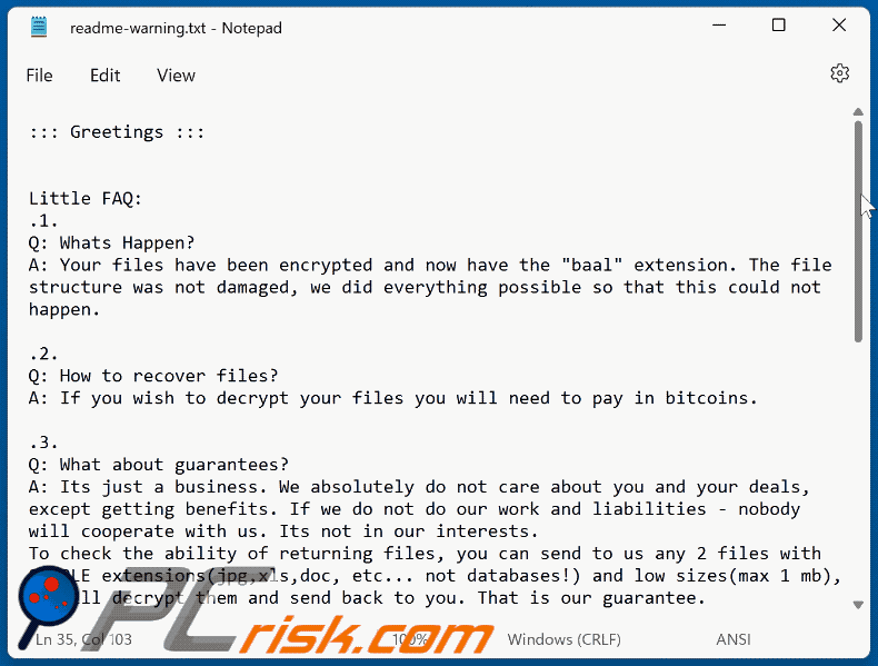 Wiadomość z żądaniem okupu ransomware Baal (readme-warning.txt) GIF