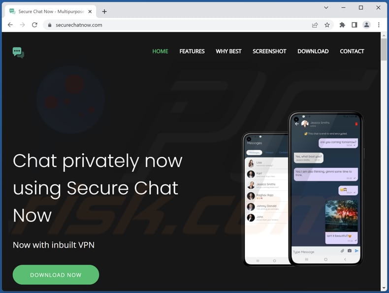 Strona promująca spyware Bahamut (securechatnow.com)