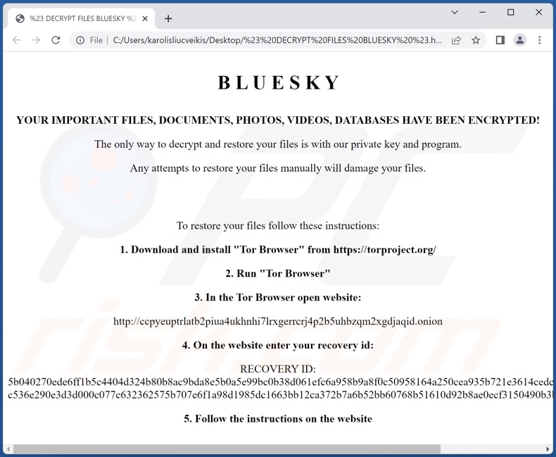 Wiadomość z żądaniem okupu ransomware BlueSky (# DECRYPT FILES BLUESKY #.html)