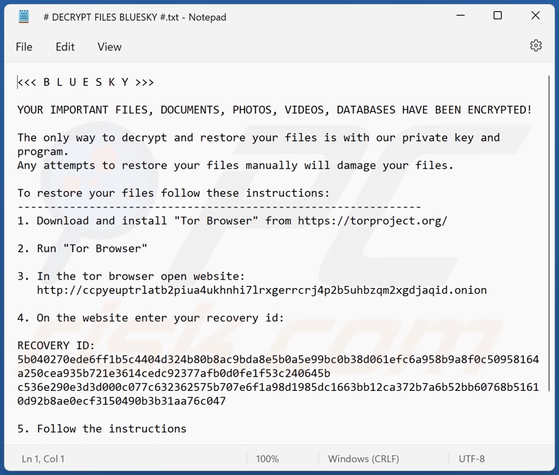 Plik tekstowy BlueSky (# DECRYPT FILES BLUESKY #.txt)