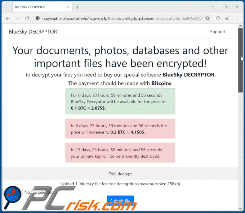 Witryna Tor ransomware BlueSky (GIF)