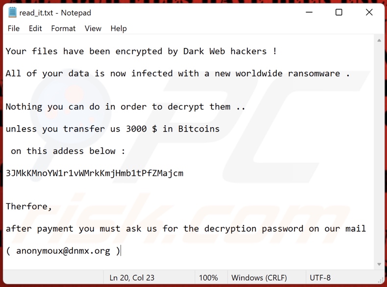 Inny wariant notatki z żądaniem okupu ransomware Dark Web Hacker (read_it.txt)