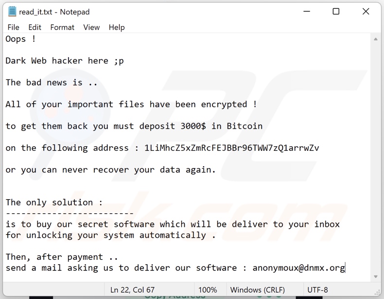 Wiadomość z żądaniem okupu ransomware Dark Web Hacker (read_it.txt)