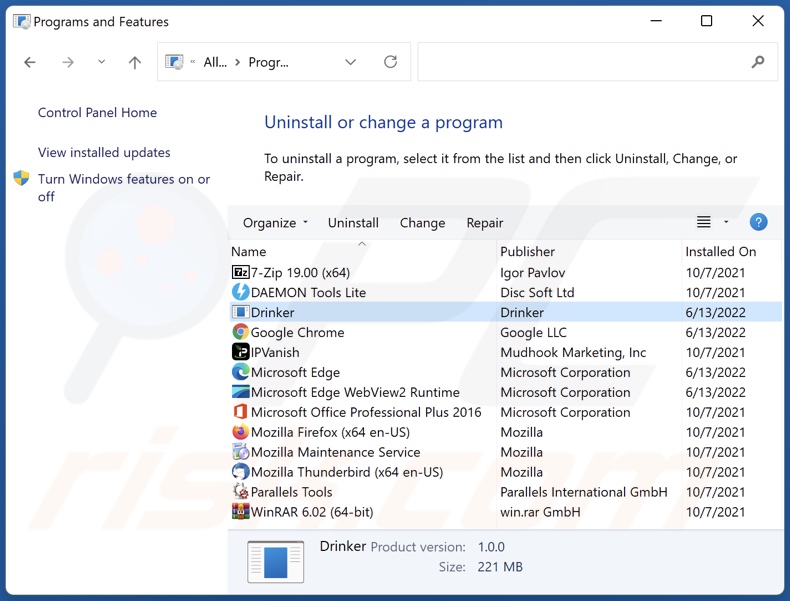 Odinstaluj adware Drinker za pomocą Panelu sterowania