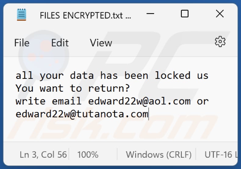 Plik tekstowy ransomware Edw (FILES ENCRYPTED.txt)