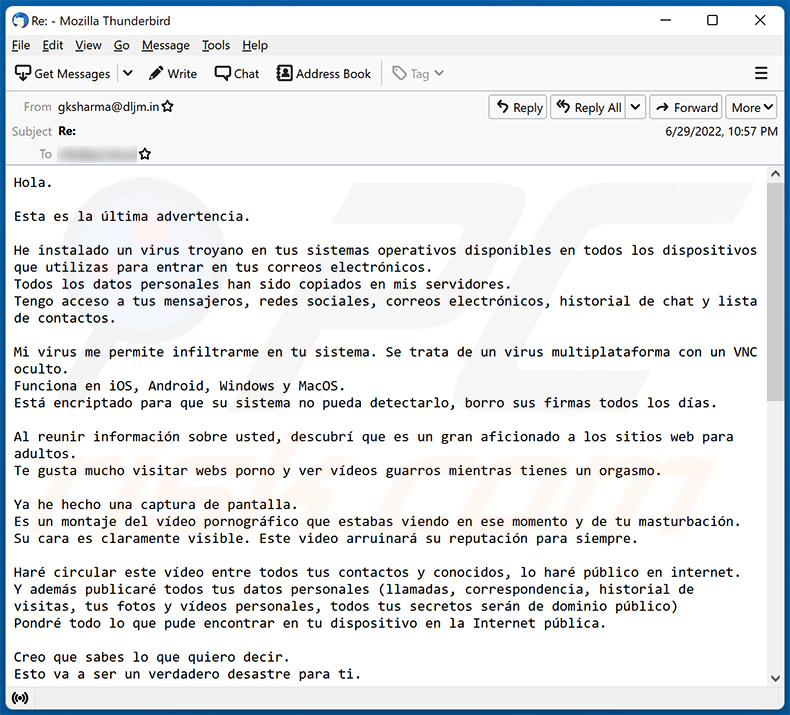 Hiszpański wariant oszustwa e-mailowego Hello, Sacrifice. This Is My Last Warning!!! (2022-06-30)