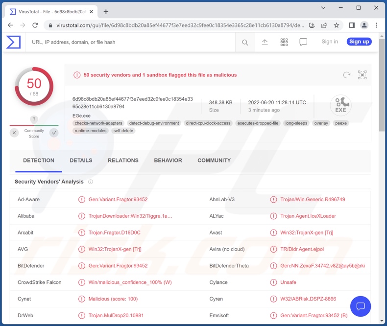 Wykryte złośliwe oprogramowanie IceXLoader na VirusTotal