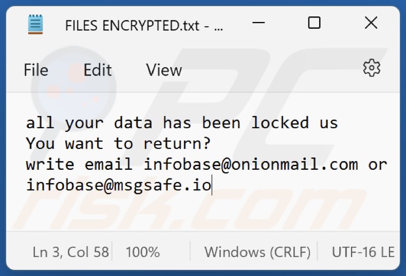 Plik tekstowy ransomware info (FILES ENCRYPTED.txt)