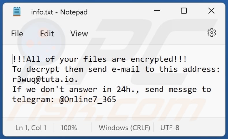 Notatka z żądaniem okupu ransomware LIZARD - plik txt (info.txt)