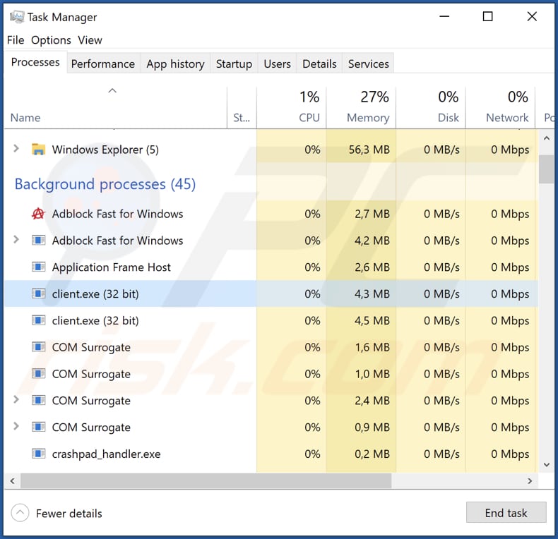 Malware proxy2service uruchomione w menedżerze zadań jako client.exe