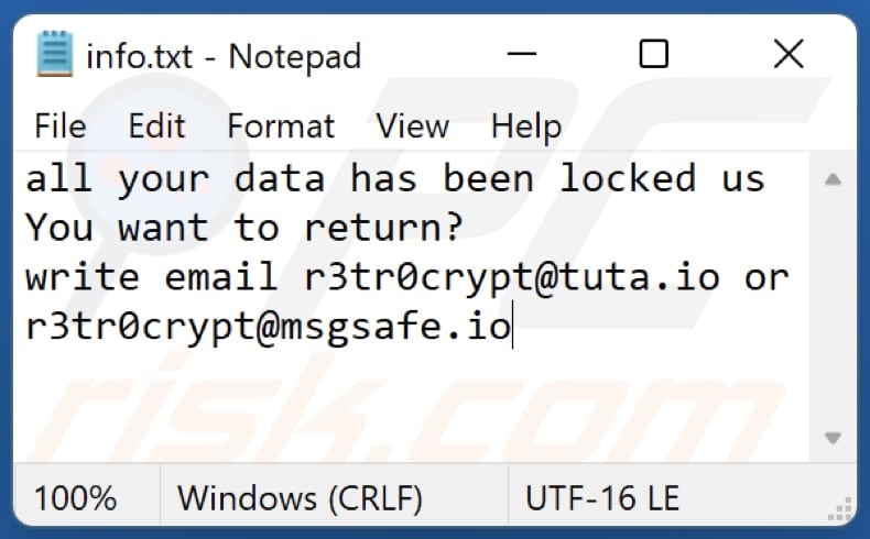 Plik txt z notatką z żądaniem okupu ransomware r3tr0 (info.txt)