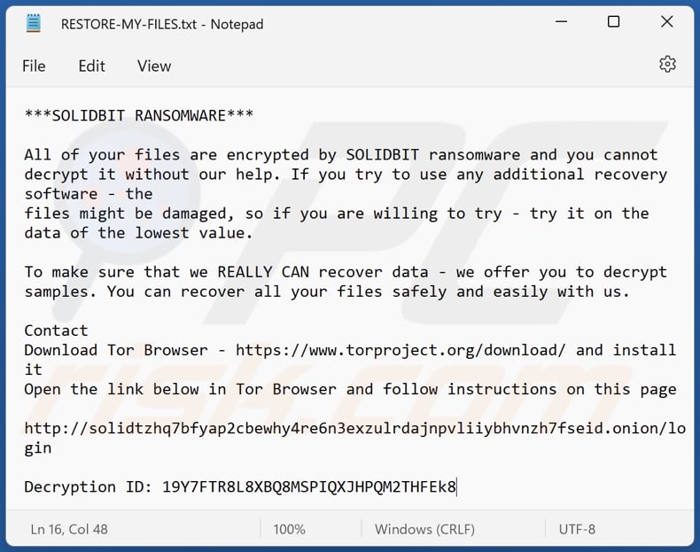 Plik tekstowy z notatką z żądaniem okupu ransomware solidbit (RESTORE-MY-FILES.txt)