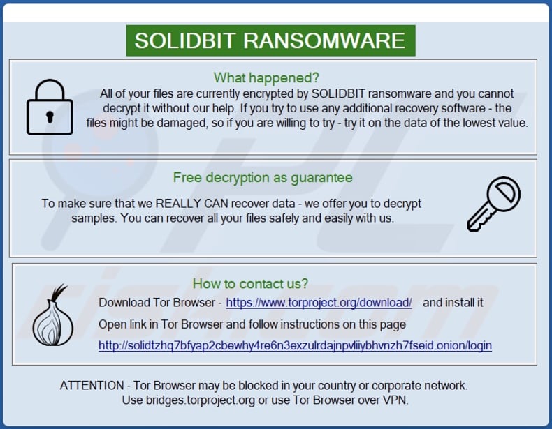 Notatka z żądaniem okupu ransomware Solidbit w oknie pop-up