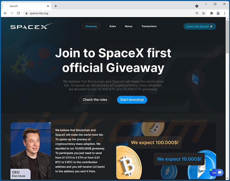 Witryna prmocji kryptowaluty o tematyce SpaceX - spacex-btc.org