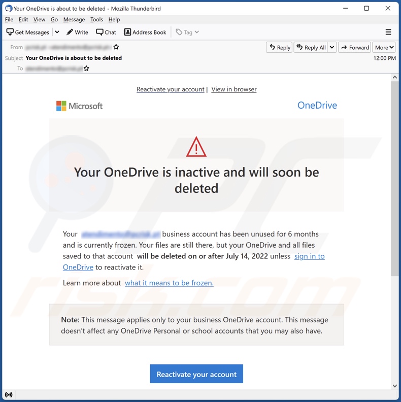 E-mailowa kampania spamowa Your OneDrive Is Inactive And Will Soon Be Deleted
