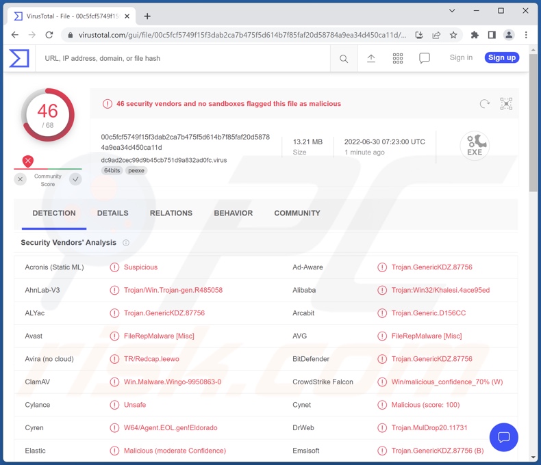 Wykrycia malware YTStealer na VirusTotal